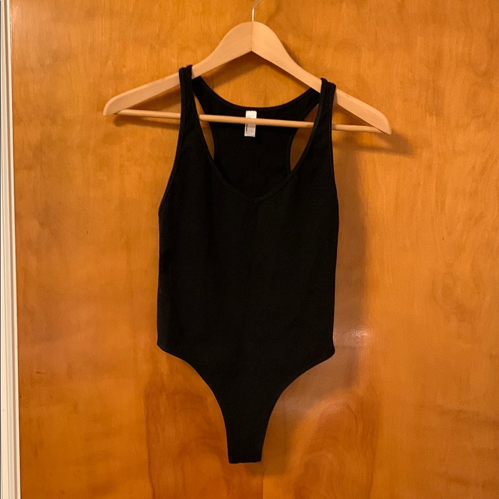 American Apparel Black Bodysuit Racerback Thong V Neck
